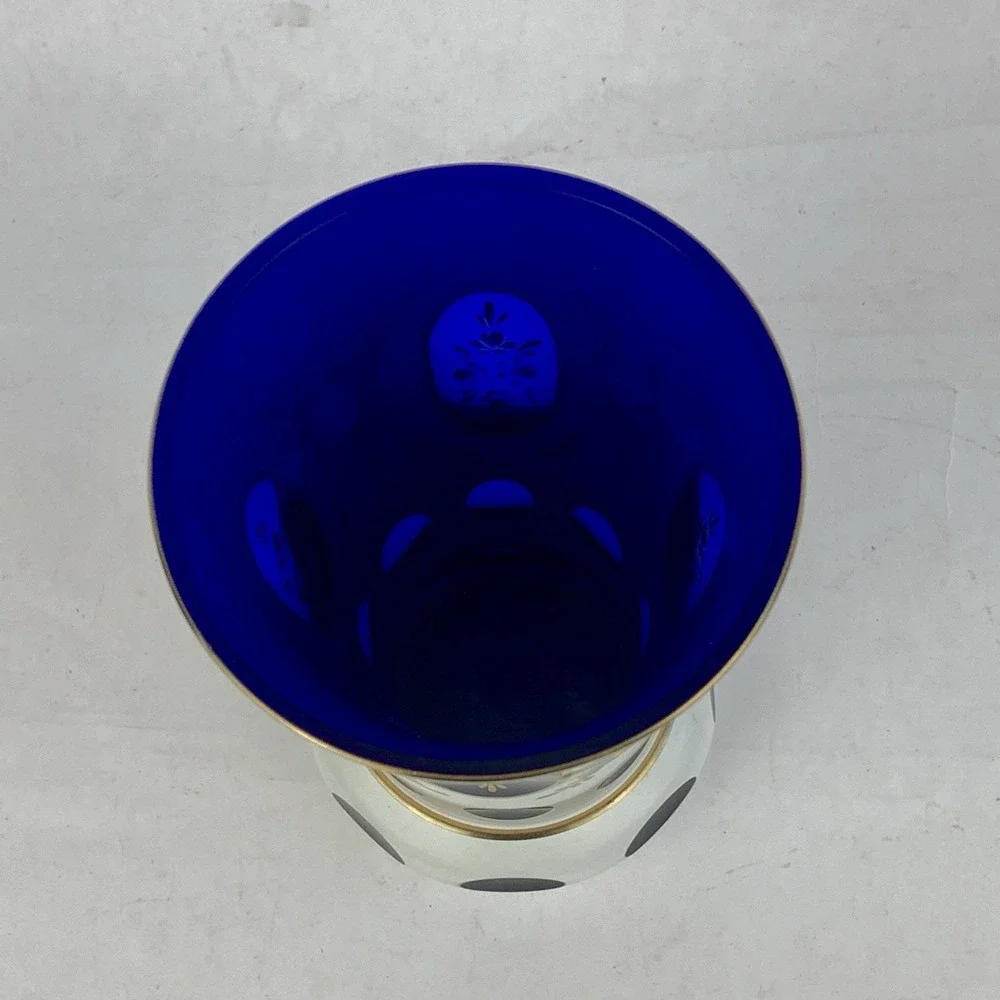 LAUSITZER GLAS Cobalt Blue Cut Crystal Vase Enameled Hand Painted Floral German